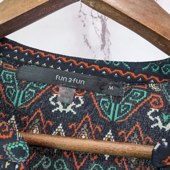 Mod Cloth Fun2Fun Blouse Women Medium Boho Tribal Navy Green Peasant Aztec Sheer - Picture 3 of 12